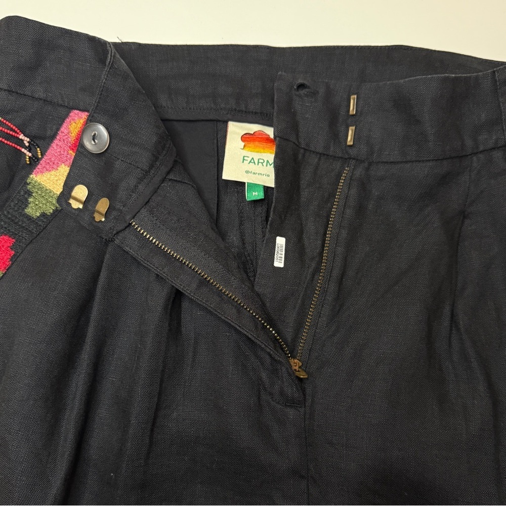 Farm Rio | Carrot Fringe Tailored Linen Embroidered Pants | Black | Size M - Picture 5 of 15